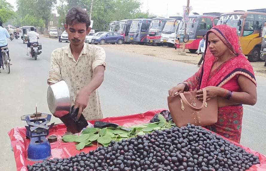 पन्नी में जामुन देता दुकानदार। संवाद पन्नी में जामुन देता दुकानदार। संवाद