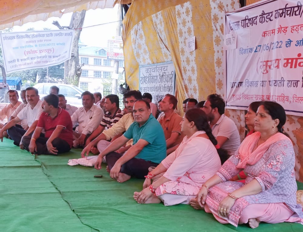 पांवटा में कलम छोड़ हड़ताल पर बैठे जिला परिषद कैडर कर्मचारी। संवाद