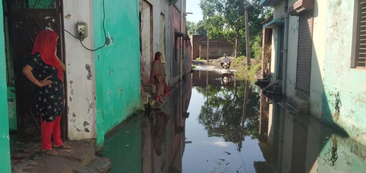गांव गदरहेड़ी में सड़क पर भरा गंदा पानी गांव गदरहेड़ी में सड़क पर भरा गंदा पानी