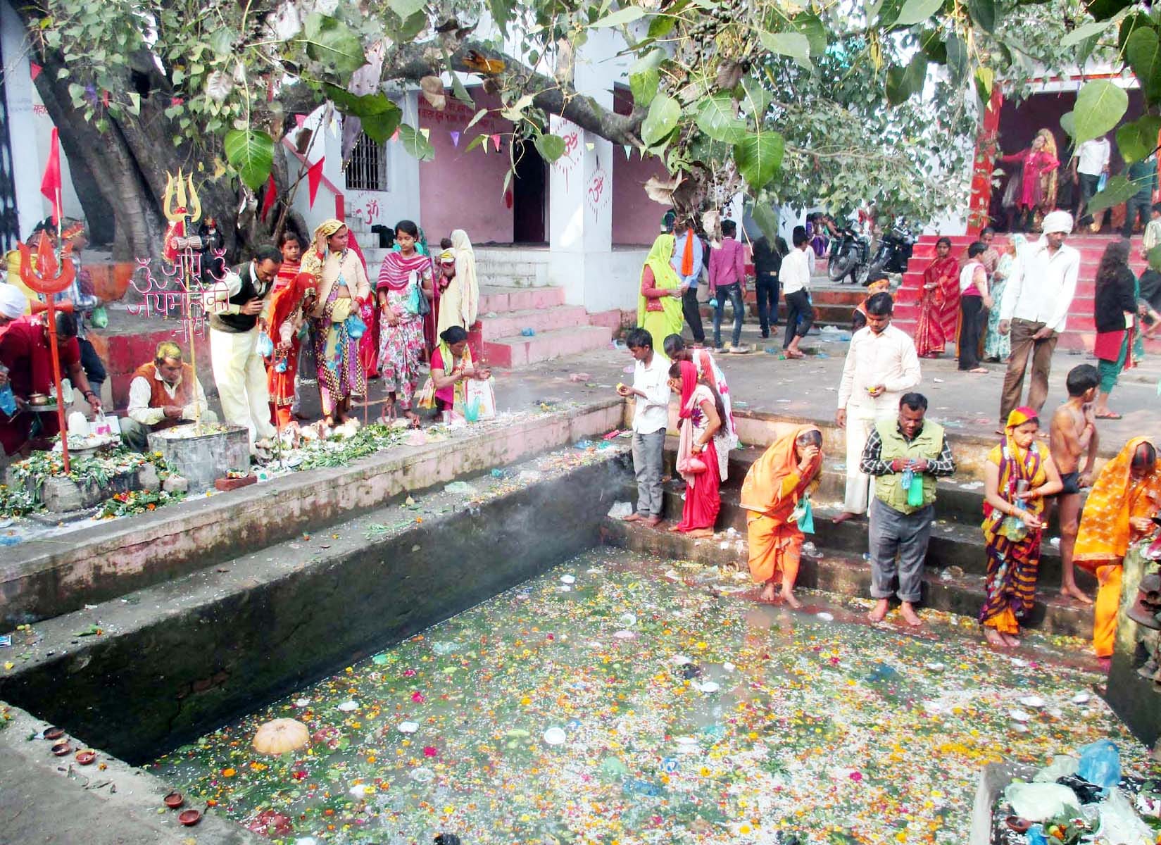 जलमग्न शिव, पार्वती, गणेश की पूजा करते श्रद्घालू जलमग्न शिव, पार्वती, गणेश की पूजा करते श्रद्घालू