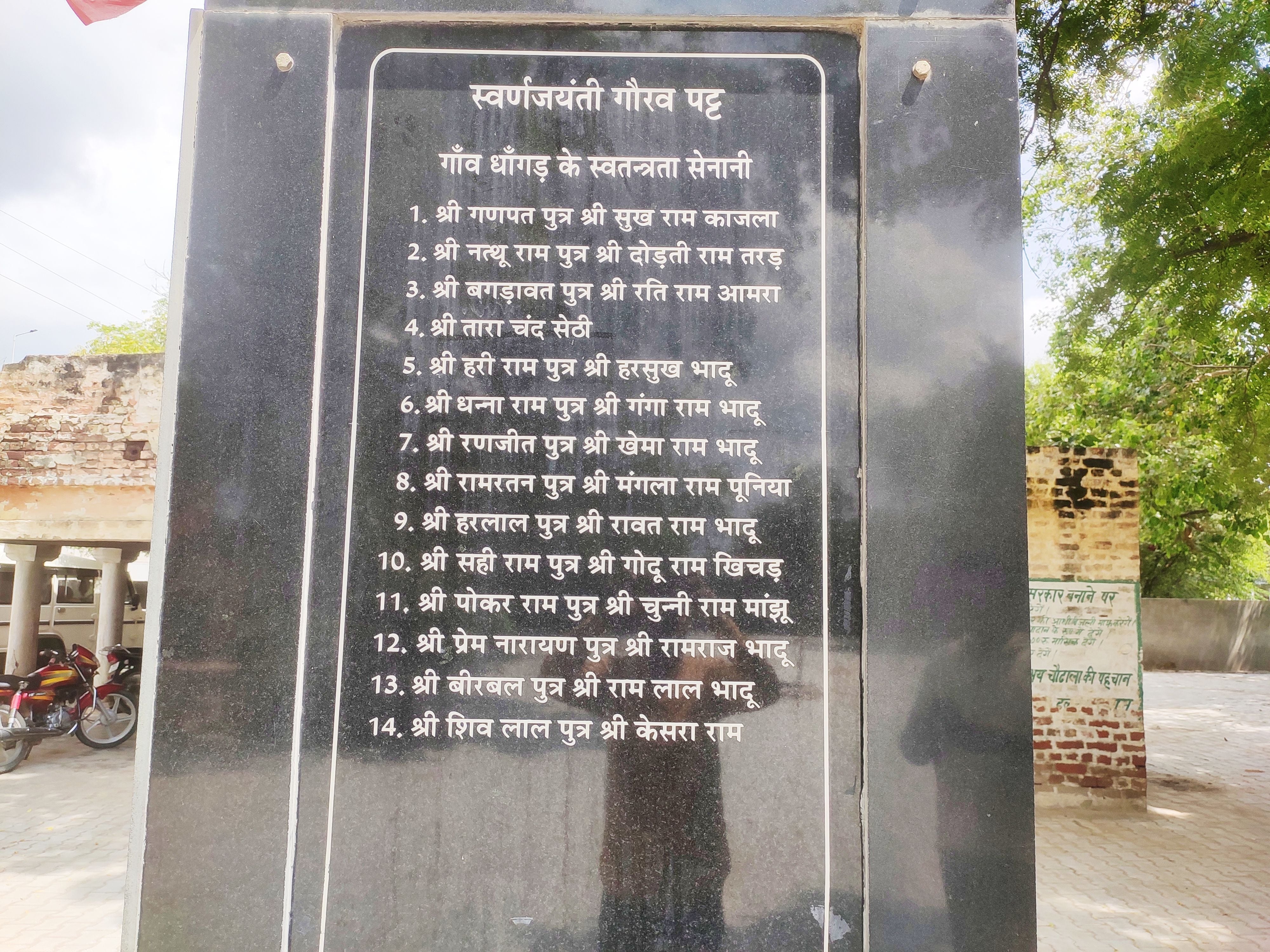 गांव धांगड़ के गौरव पट्ट अंकित गांव के शूरवीरों का नाम