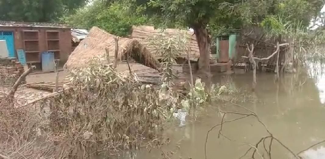 खिरीटी गांव के घरों में जाने वाले रास्ते में भरा पानी। संवाद