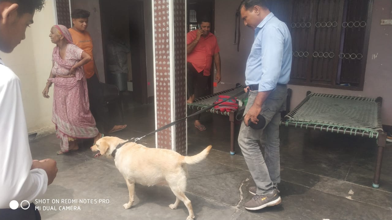चोरी की घटना के बाद मौके पर जांच पड़ताल करती डाग स्कवाड चोरी की घटना के बाद मौके पर जांच पड़ताल करती डाग स्कवाड