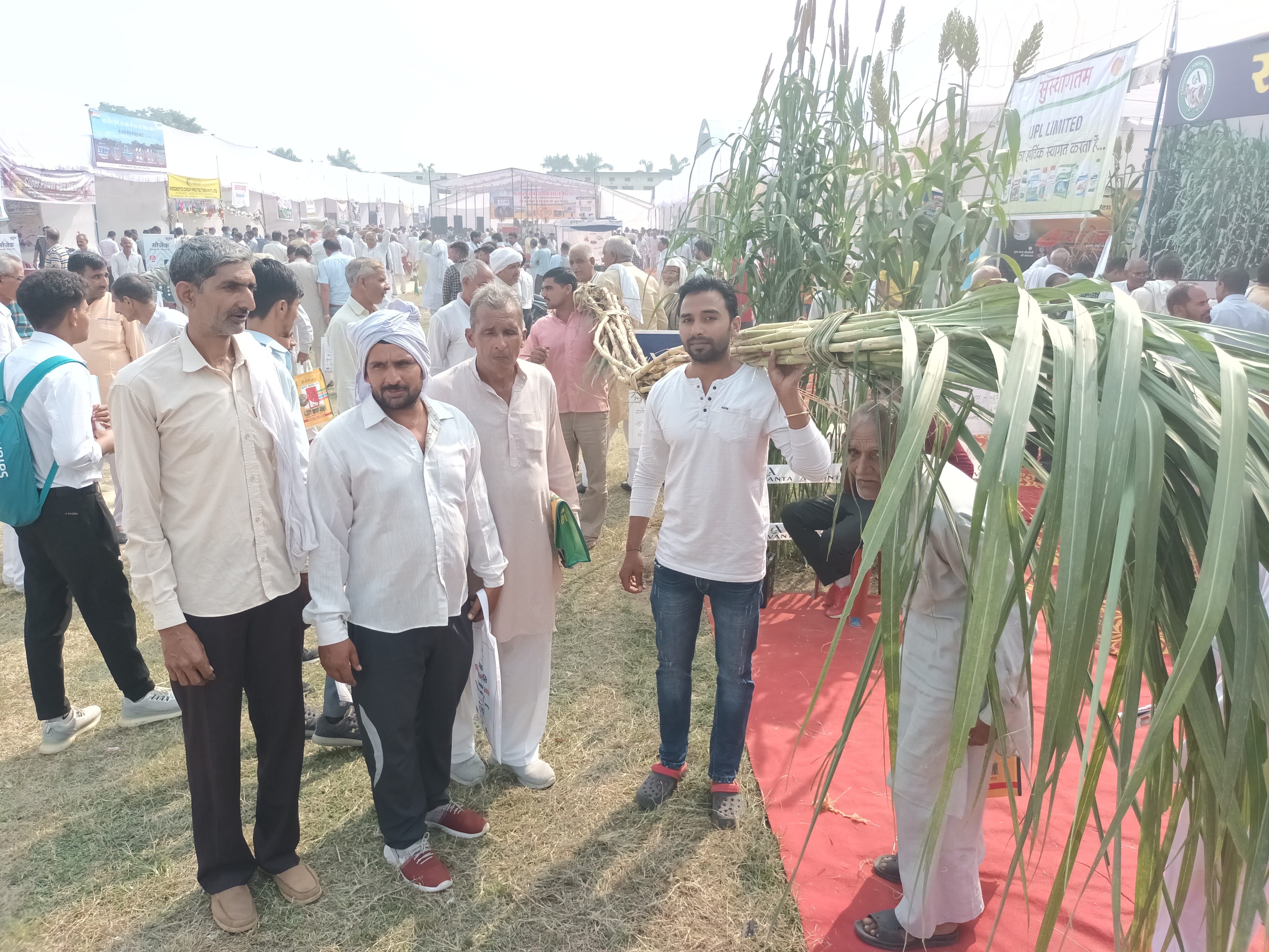 कृषि वैज्ञानिकों  मेले में 17 फुट लंबा गन्ना लेकर पहुंचे कासिमपुर खेड़ी के किसान।