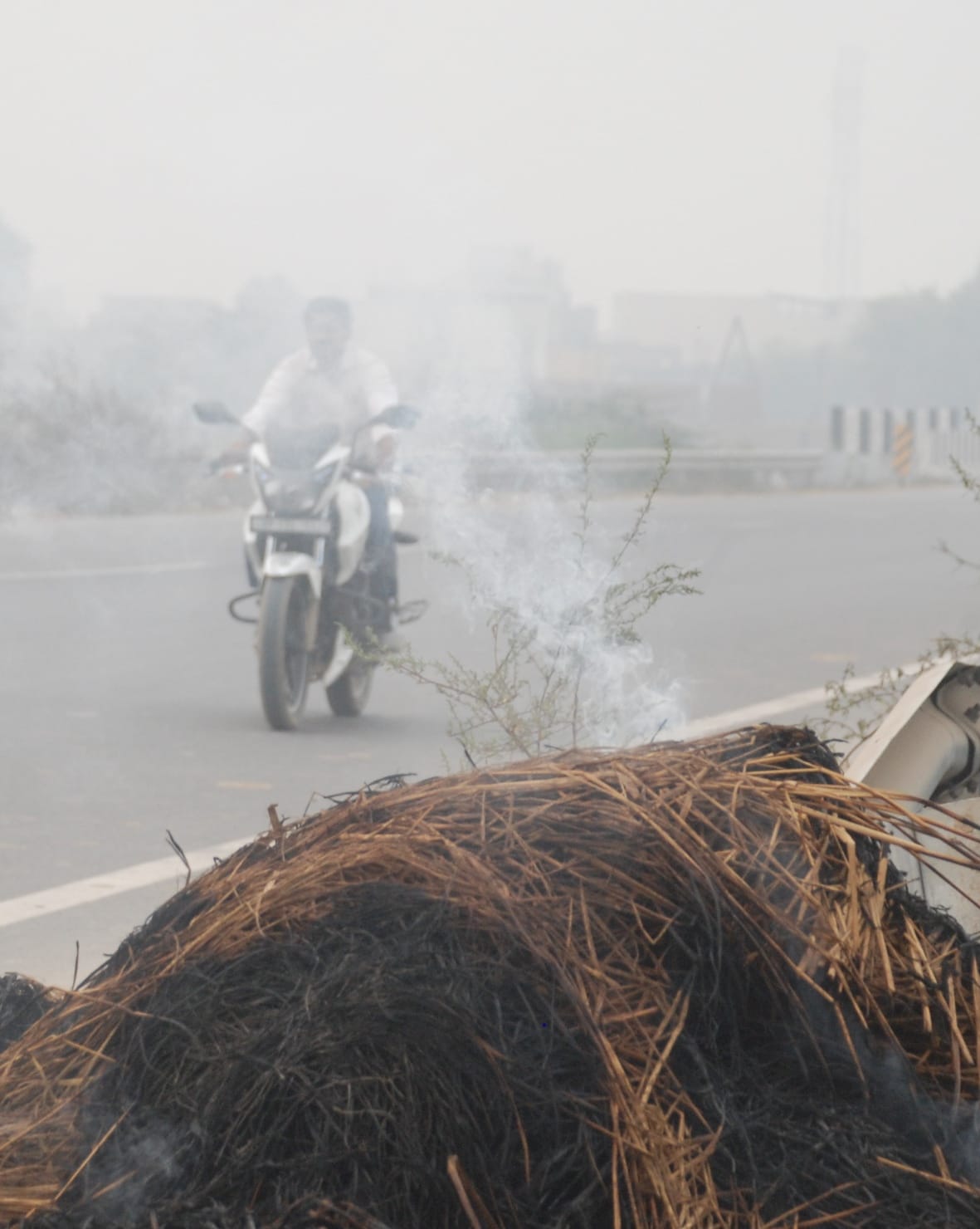बागपत में हाईवे पर किनारे स्मॉग व धुए के बीच गुजरता युवक बागपत में हाईवे पर किनारे स्मॉग व धुए के बीच गुजरता युवक