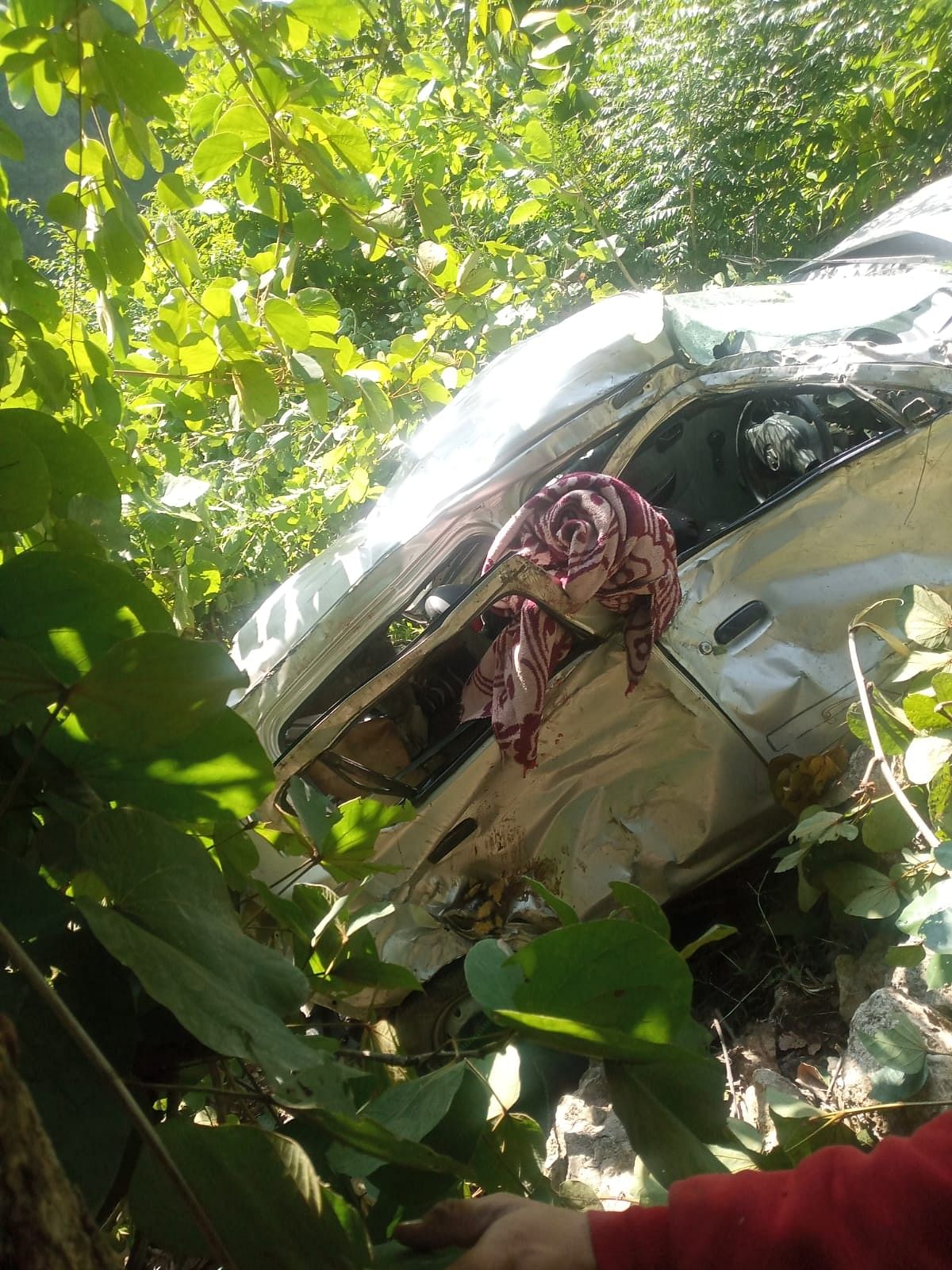 रोनहाट के सैंज खड्ड सड़क के पास गहरी खाई में दुर्घटनाग्रस्त कार। संवाद