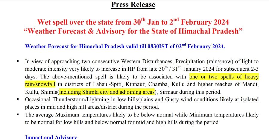 Himachal Weather: Alert Of Heavy Rain And Snowfall In Many Districts Of Himachal, Weather Expected To Remain Bad Till February 3.