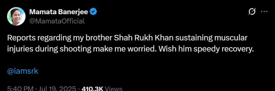 शूटिंगवेळी शाहरुख खान जखमी झाल्याची बातमी व्हायरल, ममता बॅनर्जींच्या पोस्टने वेधलं लक्ष