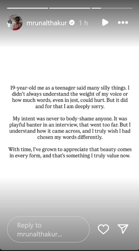 बिपाशा बासूचे Muscles पुरुषासारखे, 14 वर्षांपूर्वीच्या वक्तव्याबाबत मृणाल ठाकूरचा माफीनामा, इन्स्टाग्रामवर स्टोरी शेअर