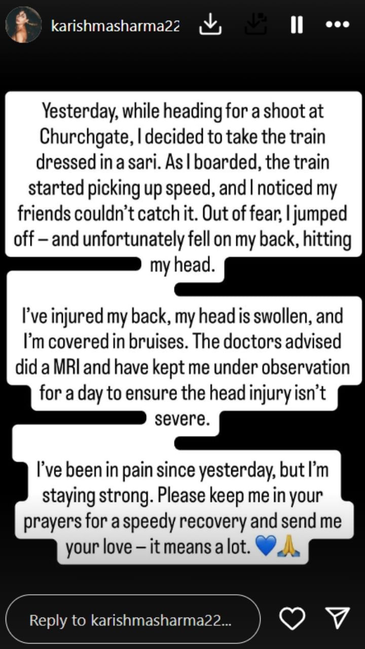ट्रेन से कूदकर घायल हुईं करिश्मा शर्मा, एक्ट्रेस ने इंस्टाग्राम पोस्ट के जरिए सुनाई आपबीती