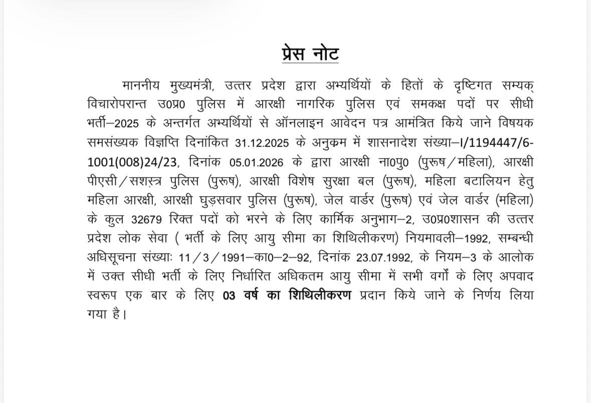 सीएम योगी ने 32,679 पदों पर पुलिस भर्ती में दी बड़ी राहत, आयु सीमा में 3 वर्ष की छूट