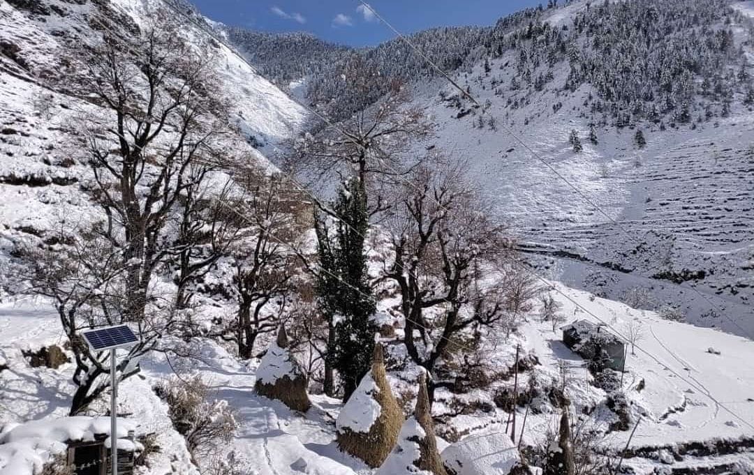 पांगी में बर्फबारी के बाद सड़क पर बीछी बर्फ की सफेद चादर।संवाद पांगी में बर्फबारी के बाद सड़क पर बीछी बर्फ की सफेद चादर।संवाद