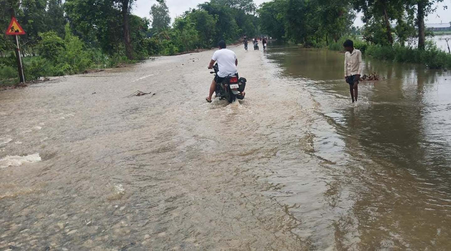 भैंसी नदी के पास डूबा ट्रक और ऊपर खड़ा चालक
