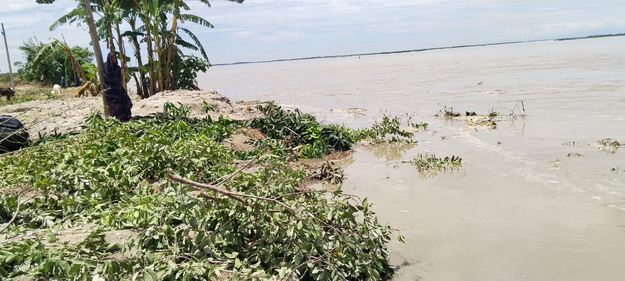 गाँव मे कटान करती नदी और मार्ग पर भरा बाढ़ का पानी गाँव मे कटान करती नदी और मार्ग पर भरा बाढ़ का पानी