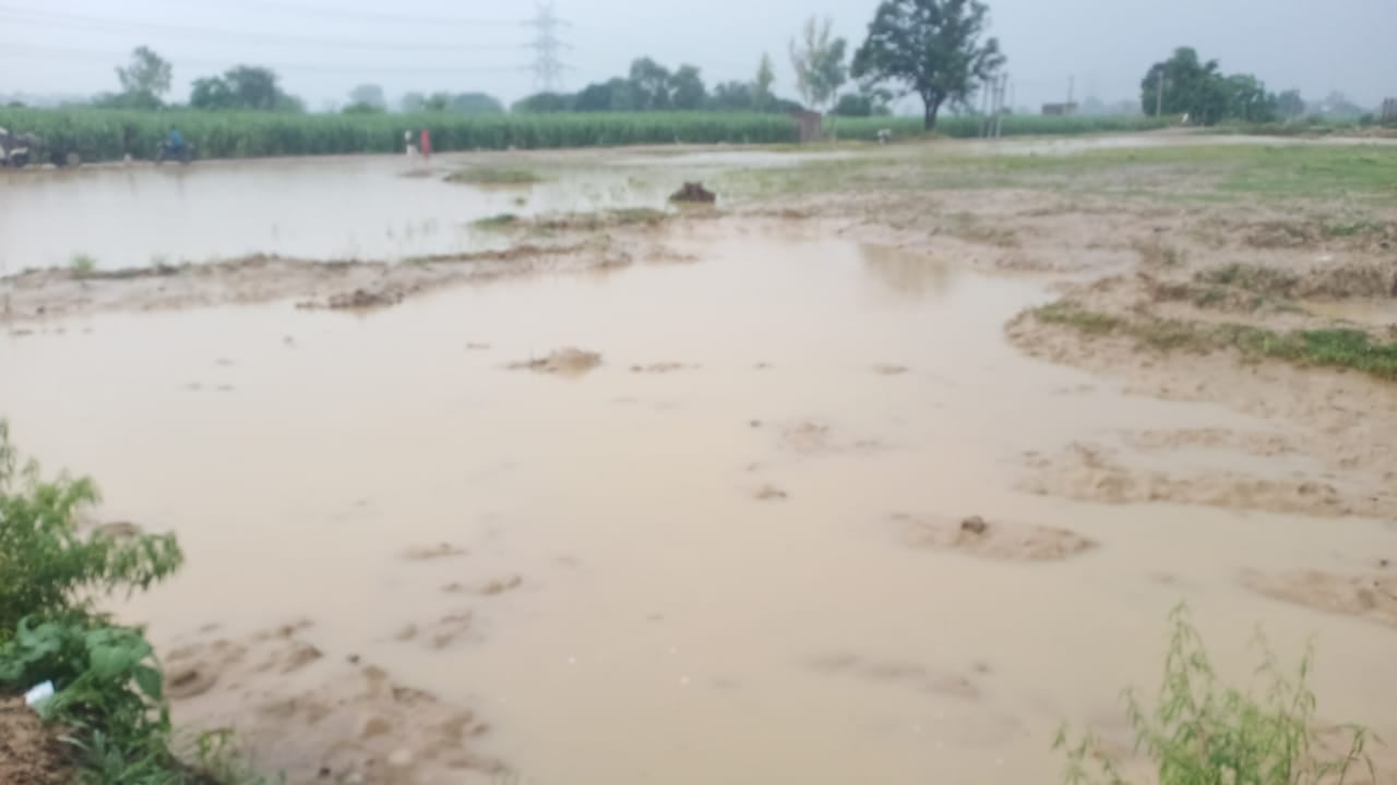 लोहडड़ा गांव के पास इकोनामिक कॉरिडोर में बने गड्ढों में भरे पानी में बच्चों की तलाश करते ग्रामी