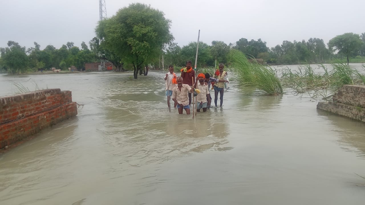 मिर्ज़ापुर के बाढ़ग्रस्त ग्राम मस्जिद नगला में कीचड़ के बीच तिरपाल के नीचे खाना बनाता एक परिवार। ब