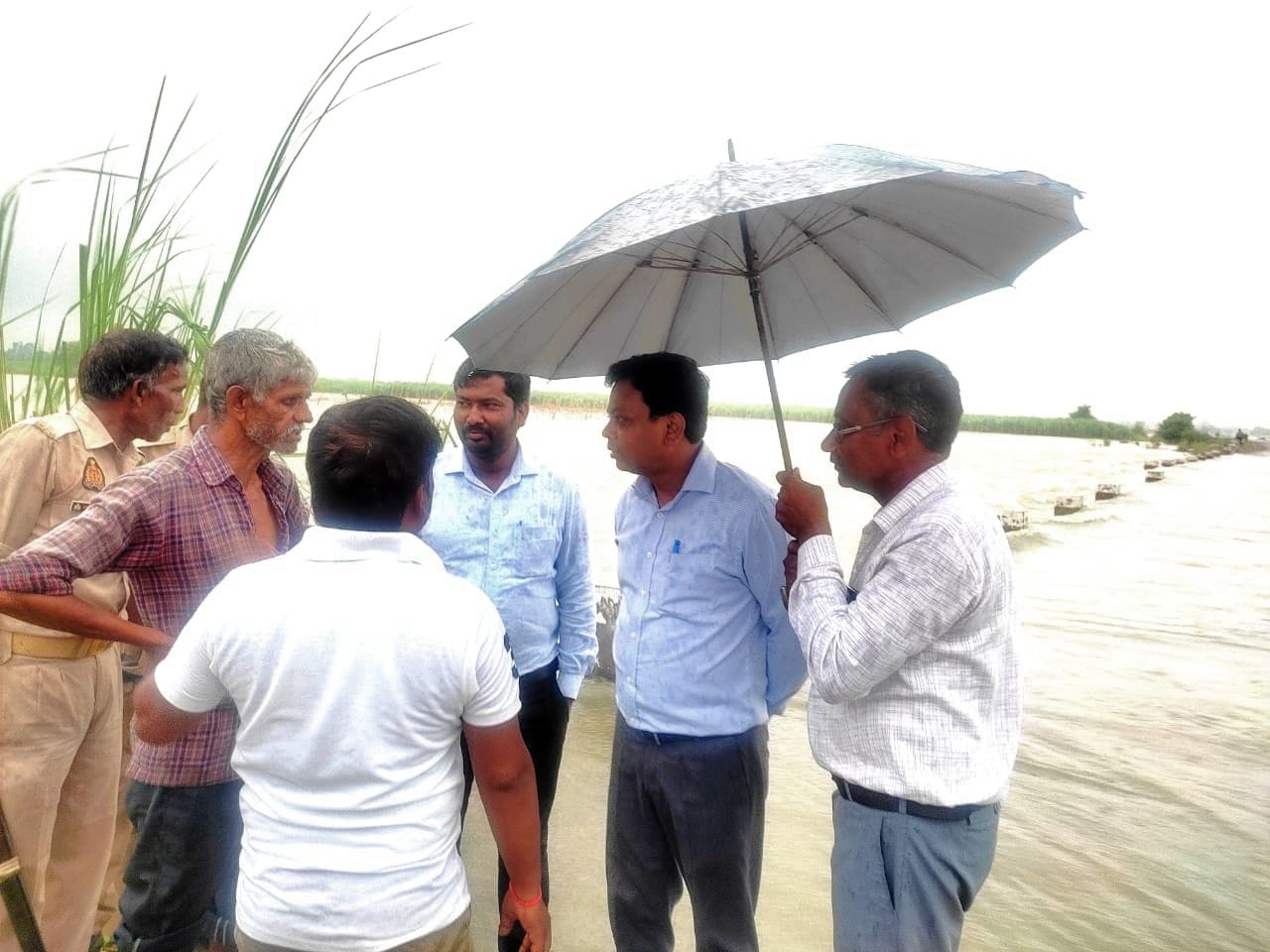 मिर्ज़ापुर के बाढ़ग्रस्त ग्राम मस्जिद नगला में कीचड़ के बीच तिरपाल के नीचे खाना बनाता एक परिवार। ब