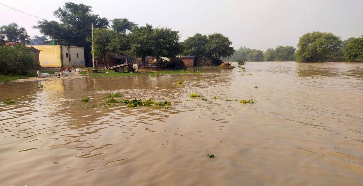 गांव एलमनगर की बस्ती तक पहुंचे बाढ़ का पानी से निकलते लोग।संवाद