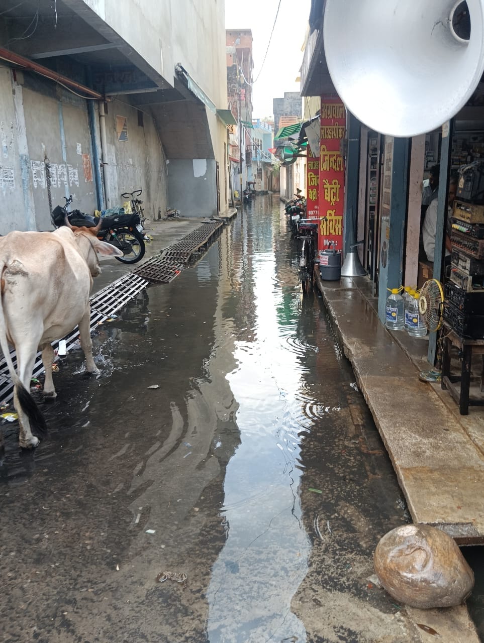 शहर में रविवार की सुबह हुई तेज बारिश में छाता लगाकर जाते बच्चे । संवाद