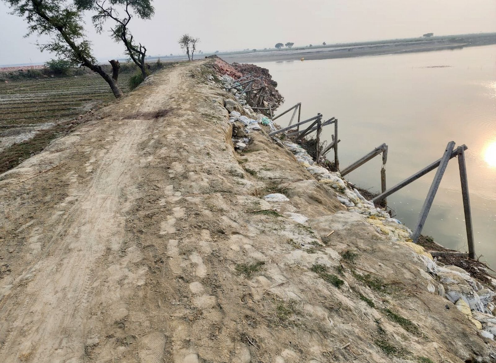 पथरामई गांव में बाढ़ से क्षतिग्रस्त तटबंध पर लगाई गई लकड़ियां। संवाद पथरामई गांव में बाढ़ से क्षतिग्रस्त तटबंध पर लगाई गई लकड़ियां। संवाद