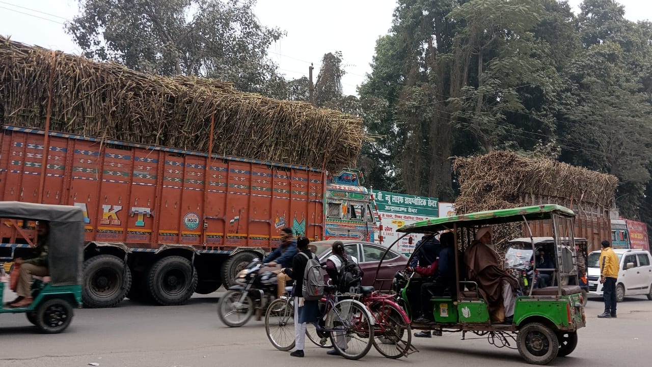 शहर के गौंहनिया चौराहे से गुजरते गन्ना लदे ट्रक । संवाद