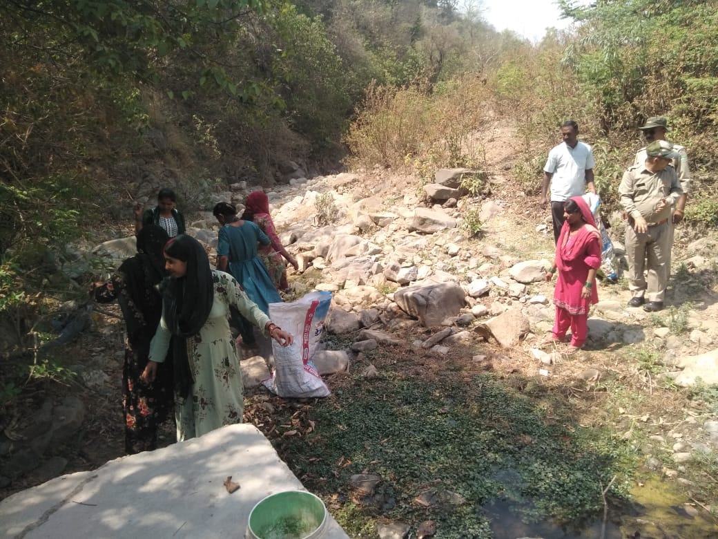 आमवाला बीट में बावड़ी की सफाई करने के बाद वन विभाग के कर्मी व स्थानीय ग्रामीण। संवाद