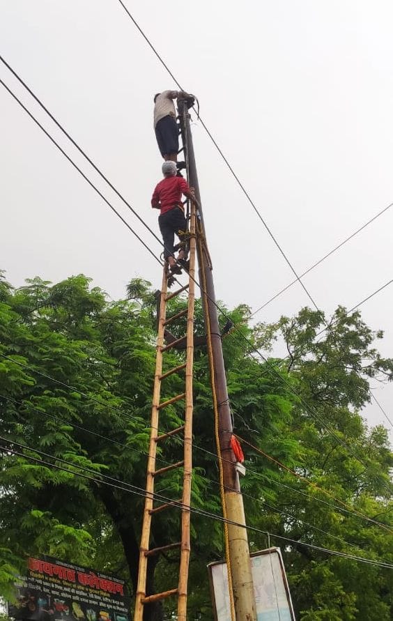 बिजली लाइन पर गिरे पेड़ों को काटते बिजलीकर्मी