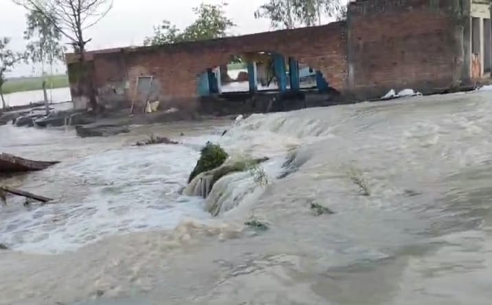 पलिया की पटिहन जाने वाले मार्ग पर भरा बाढ़ का पानी। संवाद