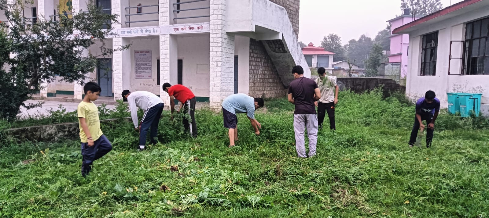 राजकीय केंद्रीय प्राथमिक पाठशाला बाल मंडी का स्कूल परिसर जहां से घास और झाड़ियों को हटाकर साफ क