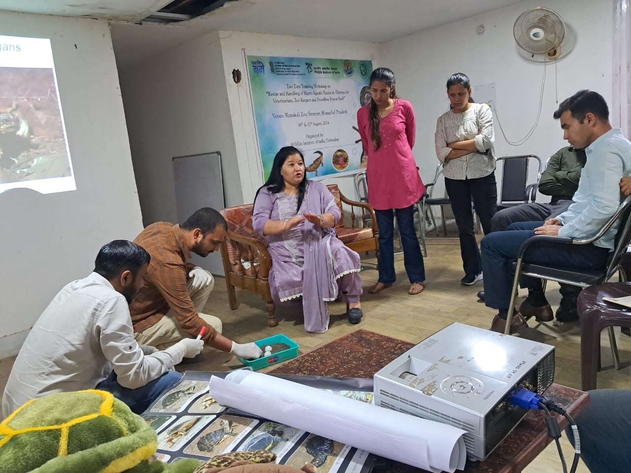 रेणुका जी में सांप को रेस्क्यू करने का प्रशिक्षण देते वन्य प्राणी विभाग के एसीएफ विनोद रांटा। स रेणुका जी में सांप को रेस्क्यू करने का प्रशिक्षण देते वन्य प्राणी विभाग के एसीएफ विनोद रांटा। स