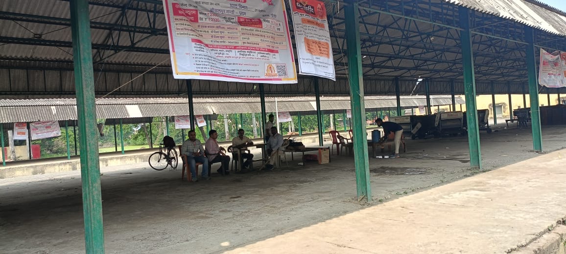 पीलीभीत की मंडी समिति में धान खरीद केंद्रों पर टंगे बैनर।संवाद पीलीभीत की मंडी समिति में धान खरीद केंद्रों पर टंगे बैनर।संवाद