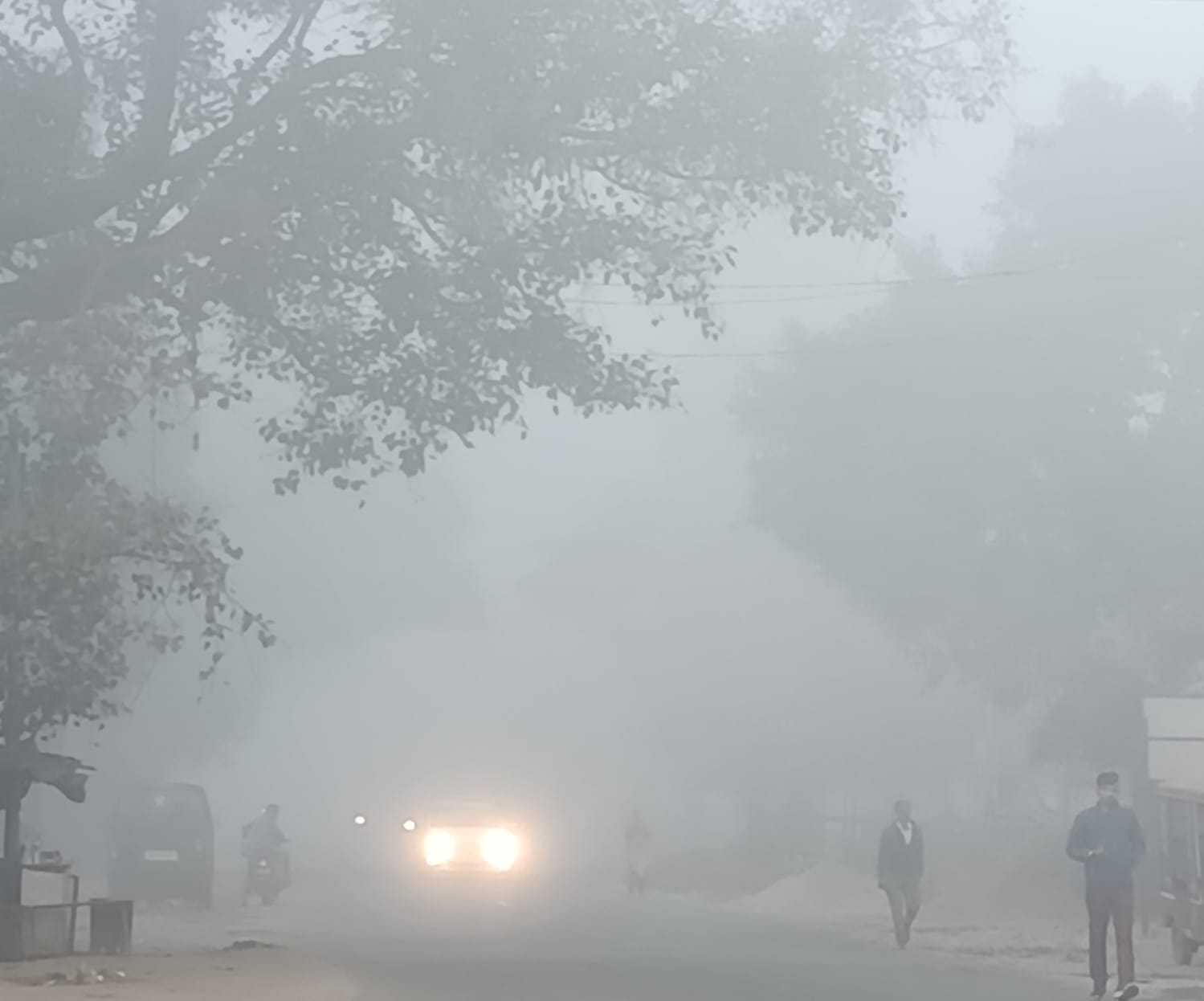 पीलीभीत में मंगलवार की सुबह छाए धने कोहरे में शहर के डिग्री कॉलेज चौराहे के पास से गुजरते लोग।स पीलीभीत में मंगलवार की सुबह छाए धने कोहरे में शहर के डिग्री कॉलेज चौराहे के पास से गुजरते लोग।स