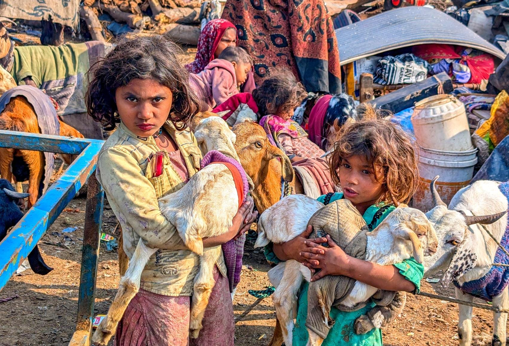 झुग्गी गिरने के बाद मेमने लिए खड़ीं बच्चियां।
