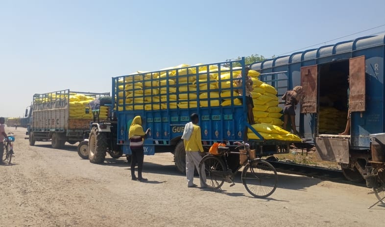 फोटो 36- सोनीपत स्टेशन पर मालगाड़ी से यूरिया खाद को ट्रक में लोड करते मजदूर। संवाद