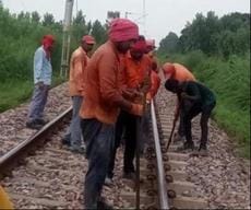 रेलवे ट्रैक के किनारे सेही जानवर द्वारा किए गए गड्ढे। संवाद रेलवे ट्रैक के किनारे सेही जानवर द्वारा किए गए गड्ढे। संवाद