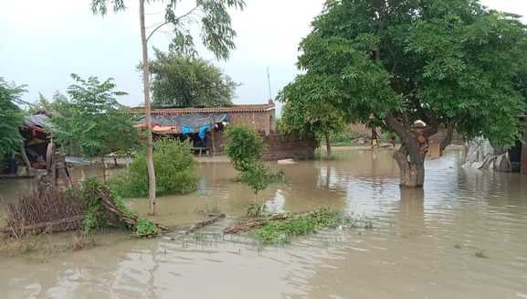 जलालाबाद में खेत में भरे पानी को देखता बेबस ग्रामीण। संवाद