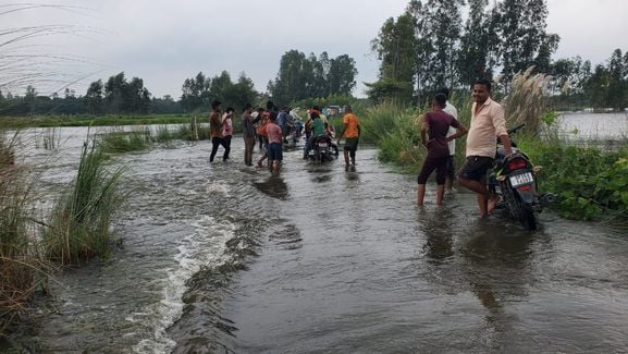 फोटो नंबर 32-उम्मेदखेड़ा गांव में नाव से चारा ले जाता ग्रामीण। संवाद