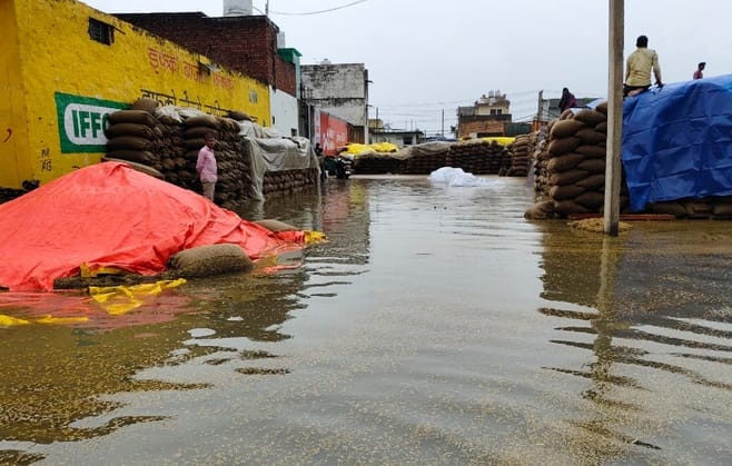 जगाधरी अनाज मंडी में बारिश के पानी में भीगी धान की बोरियां। संवाद जगाधरी अनाज मंडी में बारिश के पानी में भीगी धान की बोरियां। संवाद