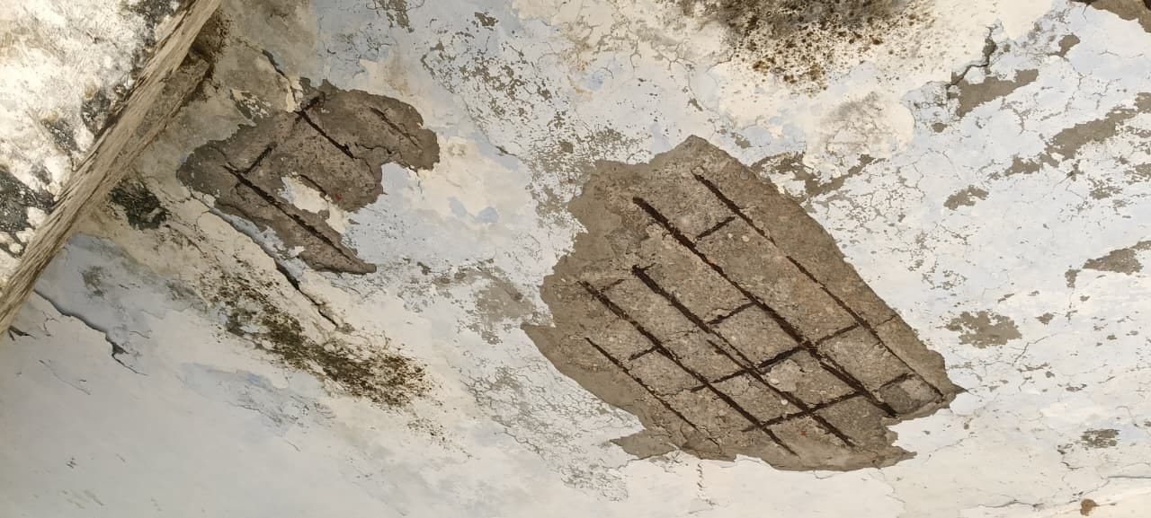 डयोढ़खेड़ी गांव में स्कूल की छत से उखड़ी सीमेंट। डयोढ़खेड़ी गांव में स्कूल की छत से उखड़ी सीमेंट।