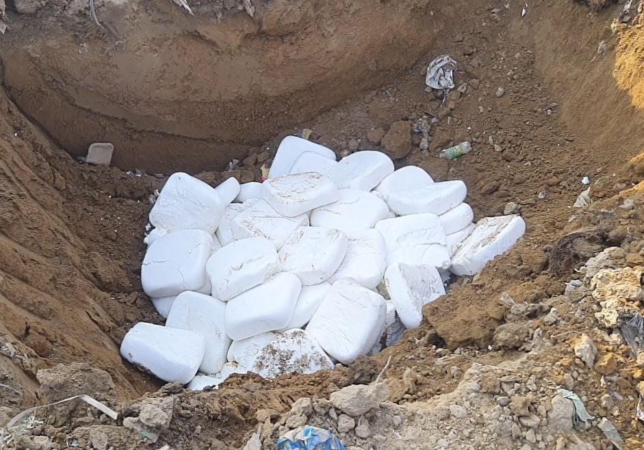 53पनीर को नष्ट करने के लिए ले जाते कर्मचारी।