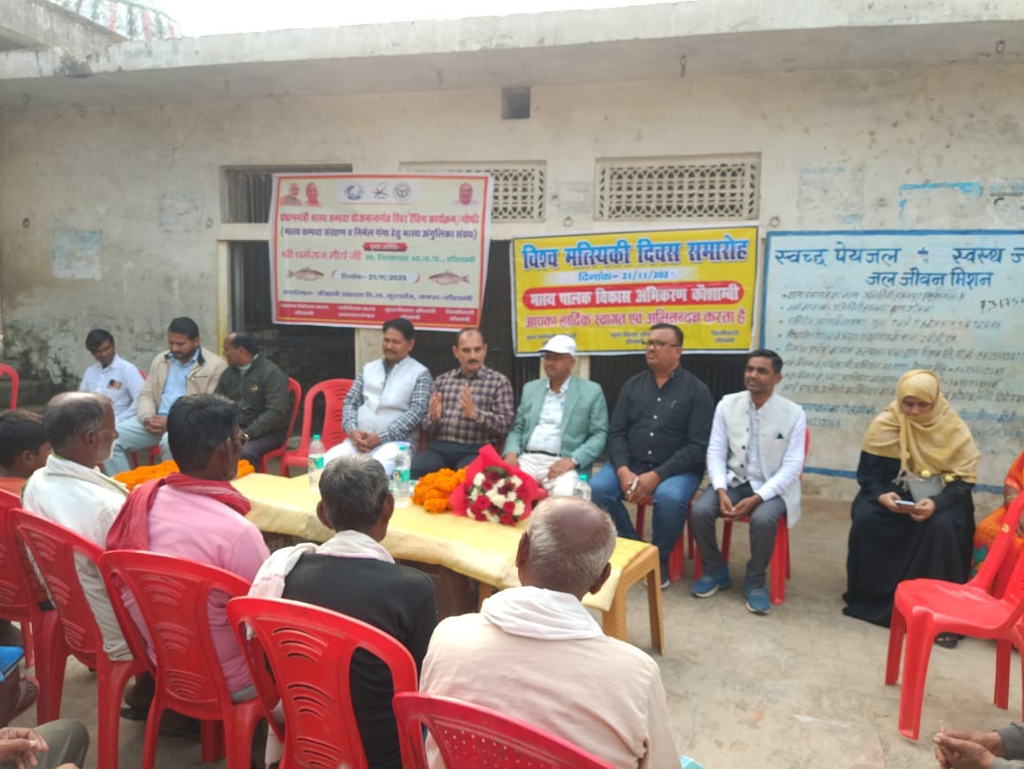 गंगा नदी में मछलियों को छोड़ते अधिकारी। संवाद गंगा नदी में मछलियों को छोड़ते अधिकारी। संवाद
