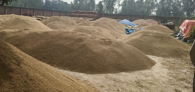 फोटो-12-क्रय केंद्र में पड़ा किसानों का धान। संवाद
