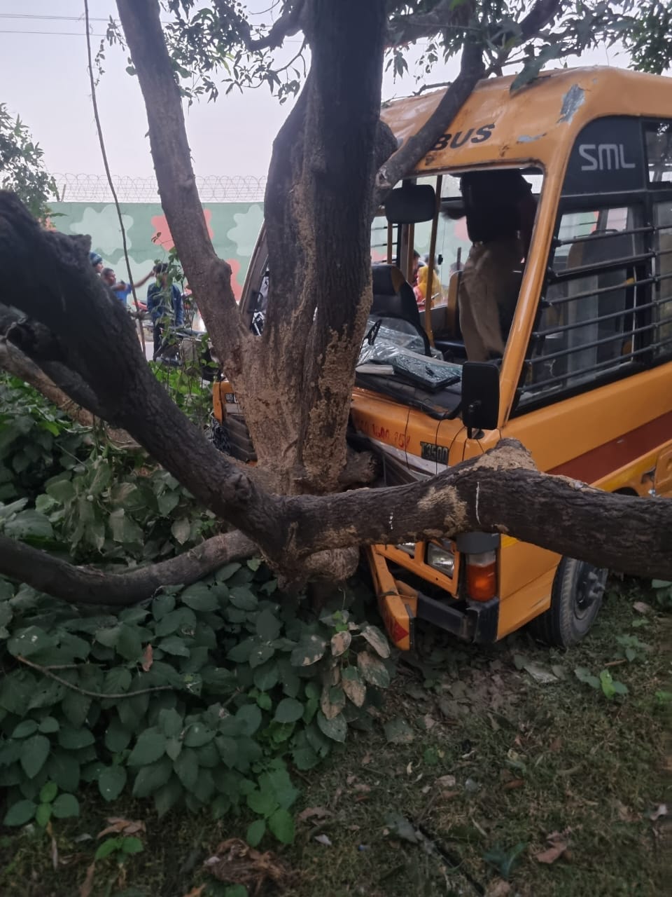 हादसे में चोटिल छात्राएं व क्षतिग्रस्त बस। हादसे में चोटिल छात्राएं व क्षतिग्रस्त बस।