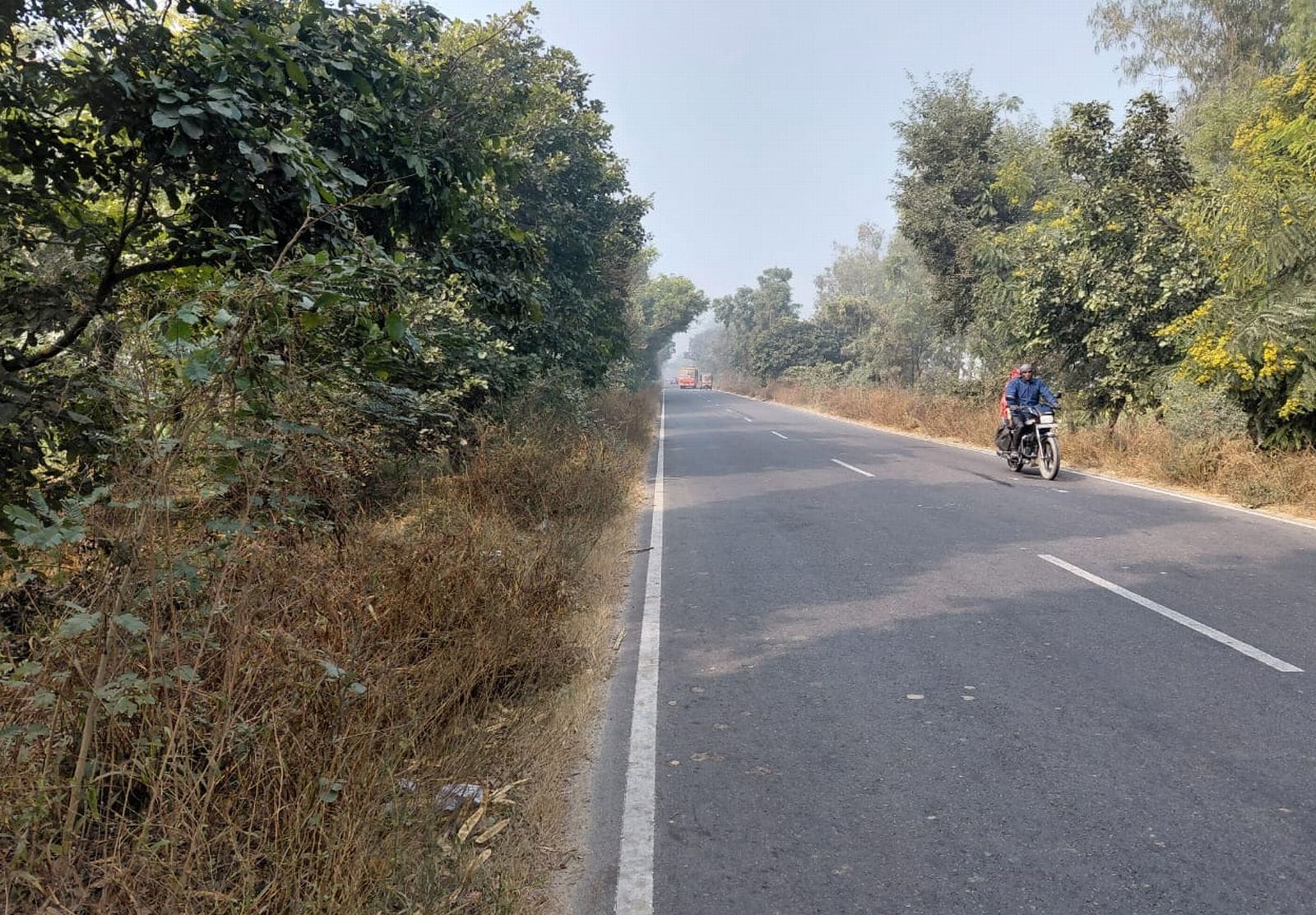 एमएफ हाईवे पर बनकोटा गांव के पास कोहरे में पलटी गन्ने से लदी ट्राली। संवाद