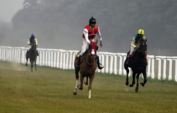 लखनऊ रेसकोर्स में रविवार को आयोजित अर्जुन कप घुडदाैड़ के दाैरान जीत के लिए रफ्तार भरते घोड़े व 