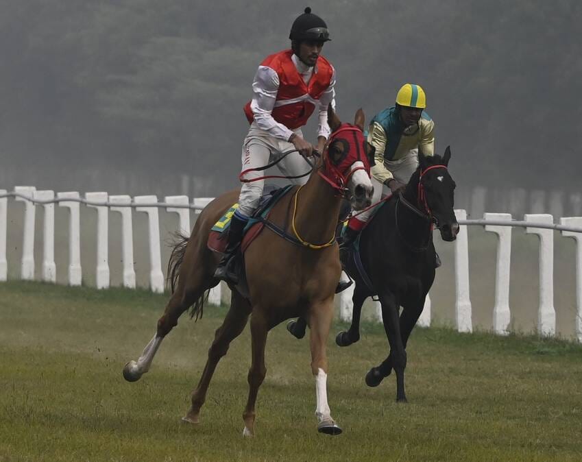 लखनऊ रेसकोर्स में रविवार को आयोजित अर्जुन कप घुडदाैड़ के दाैरान जीत के लिए रफ्तार भरते घोड़े व 