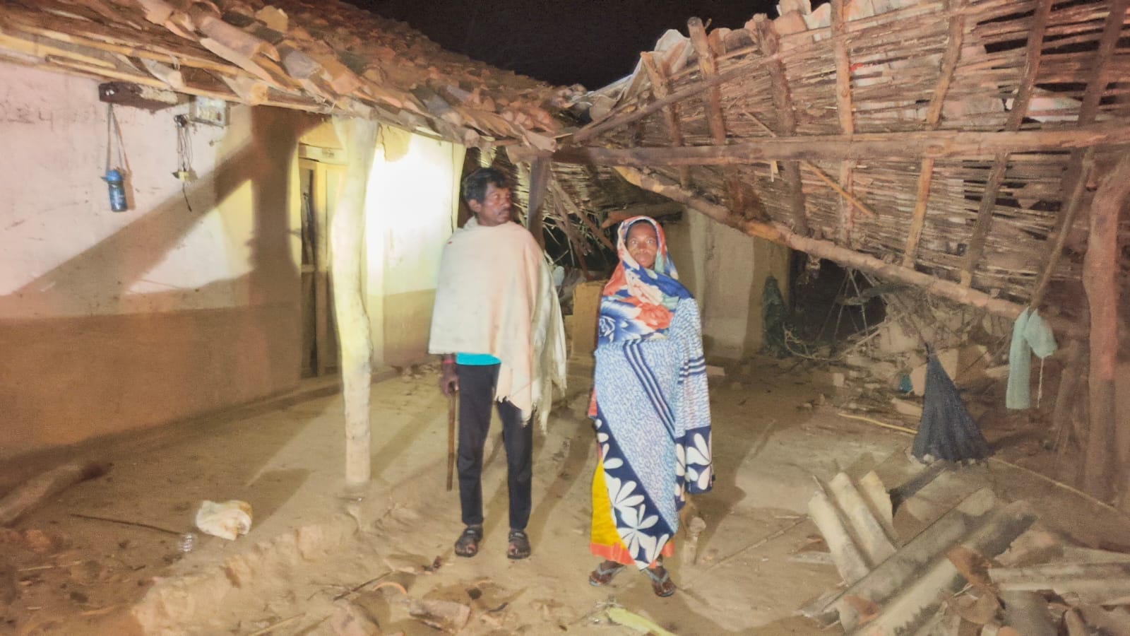 रात्रि के समय पेड़ में चढ़कर आराम करता हुआ ग्रामीण और विचरण करते हाथी