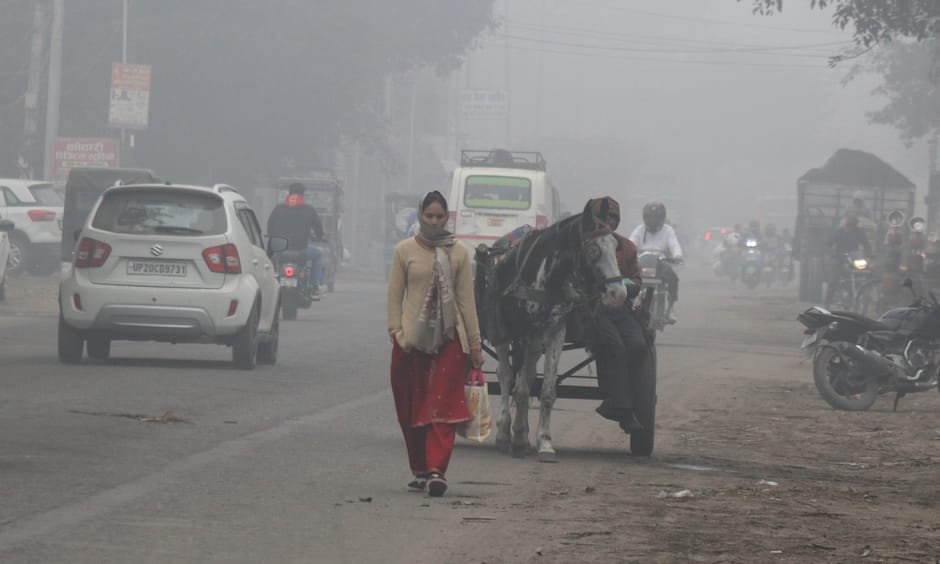 बिजनौर में कड़ाके की ठंड में जाती युवती। संवाद