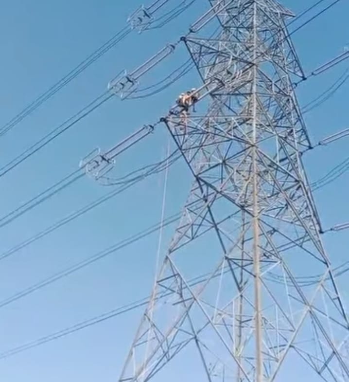 टावर पर चढ़े हुए युवक को नीचे उतारते विद्युत विभाग के अधिकारी