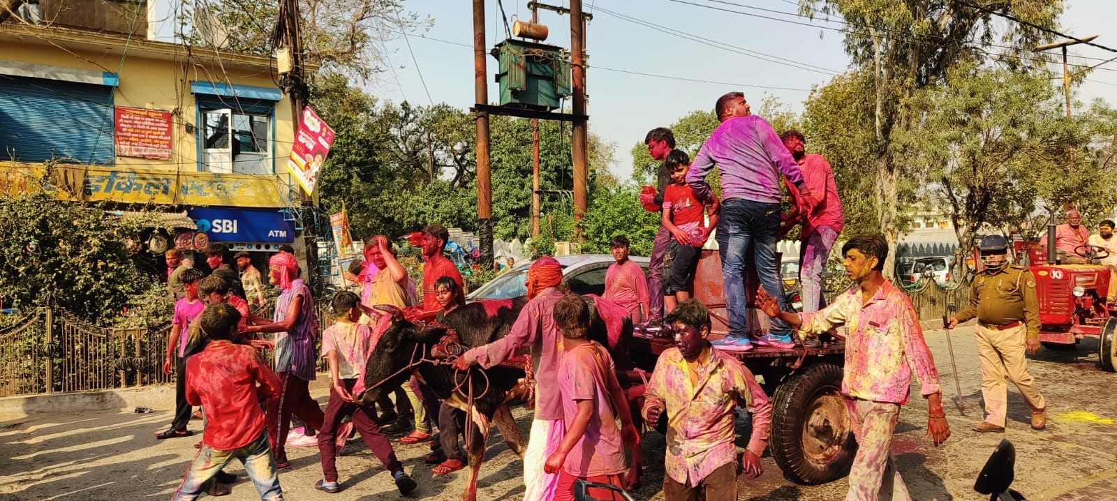 नगीना में द्वादशी के जुलूस में नाचते-गाते रंगों से सराबोर हुरियारे। फोटो संवाद